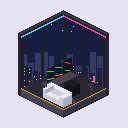 A neon glass corner suite with a trading desk, night view
