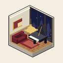 A Sky Suite: a pixel-art penthouse with a grand piano and a night skyline
