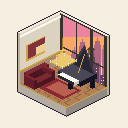 The same suite with a pink and orange sunset skyline
